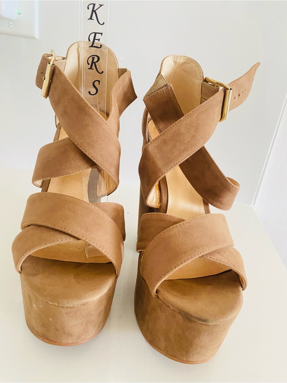 Women's Tan Suede Platform Sandals with Crisscross Straps